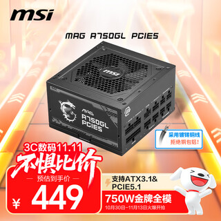 MSI微星额定750W金牌全模组电源 ATX3.1/原生16PIN/原生PCIE5.1/七年保障/适配RTX4080显卡MAG A750GL