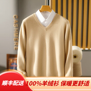 Ordos cashmere sweater men's 100 cashmere cashmere sweater men's v-neck thickened sweater autumn and winter business beige color xl