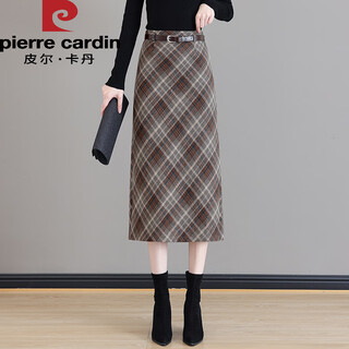 Pierre cardin plaid woolen skirt for women 2025 autumn and winter new style high-waisted mid-length a-line thickened one-step hip skirt plaid m 27