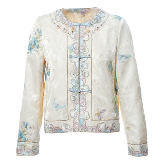 Pinkmary short jacket women's 2025 autumn and winter new fashion embroidered round neck commuting style top tmaow6308 beige m