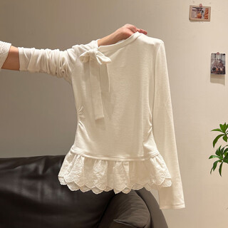 Ballet style white lace hem lace-up brushed long-sleeved t-shirt autumn and winter new style inner bottoming shirt top for women white s