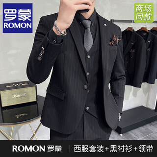 Romon striped suit men's suit business casual professional interview slim formal men's suit black groom wedding suit 961 black (suit + trousers) + black shirt and tie 4xl (recommended 155-165 jin jin equals 0.5 kg)