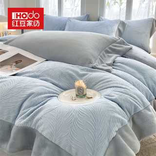 Hongdou home textiles class a thickened carved milk coral velvet bed four-piece set winter warm embroidered sheets and quilt covers bedding feiwu-baby blue + star gray thickened and velvet 1.8m sheet type four-piece set-duvet cover 200*230cm