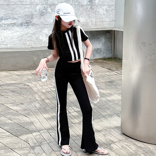 又酷又飒的女童装潮酷穿搭女童夏装套装2025新款大童爵士街舞夏季 黑色织带套装_短袖夏款 120 建议身高110-120cm