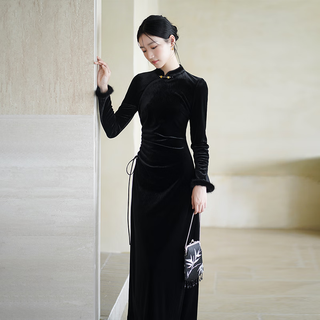 Chuchan yishi new chinese-style cheongsam 2025 autumn mink fur high-quality black slim-fitting national style velvet temperament dress zhumo xl (pre-ordered)