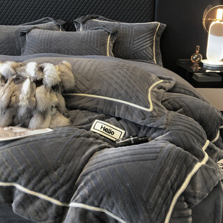 Mercury series home textiles 180 count winter milk velvet carved bed four-piece set thickened and warm double-sided baby coral velvet sheet quilt cover rhythm-dark gray antistatic + thickened + no lint 1.5m bed sheet style four-piece set antistatic + thickened + no lint