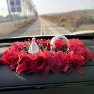 Yusenyixin red wedding car ornaments car rose anti-slip mat creative feather center console car rose black + red double large feather pad + black crown + wedding dress party