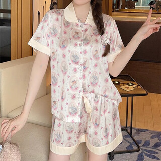 【田园兔新款冰丝睡衣女贡缎软丝甜美短袖套装小兔居服三件套 短袖+短裤 M （80-100