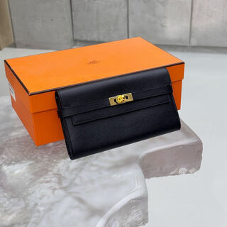 Hermes (hermes) second-hand 95 new hermes (hermes) kelly long wallet black gold epsom leather a-engraved no accessories