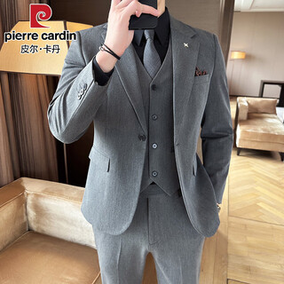 Pierre cardin suit men's three-piece commuting simple large size drape coat british style business formal groom's dress trend medium gray single piece suit free tie xl