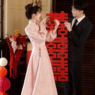 Libaixin chinese toasting dress bride cheongsam autumn and winter pink xiuhe dress bride wedding engagement home dress women's long-sleeved pink long style around the floor 2xl recommended 122-128jin jin equals 0.5 kg