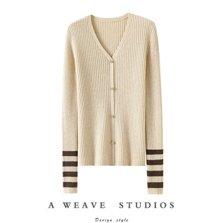 Qichao contrast color striped sleeves 100% cashmere cardigan women's 2025 new sweater pure cashmere knitted cardigan jacket autumn and winter green velvet original color s