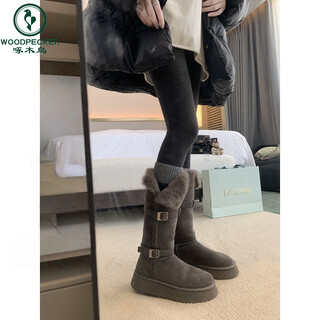 Woodpecker thick-soled gray fur snow boots for women 2025 winter new style long tube plus velvet thickened warm high boots cotton shoes gray long tube 37