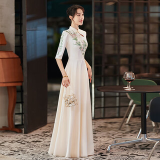 Acjk chinese host performance clothing 2025 new champagne color bridesmaid dress evening dress simple and elegant long chorus dress champagne color s