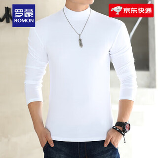 Romon men's pure cotton long-sleeved t-shirt half turtleneck bottoming shirt solid color slim fit simple casual mid-collar inner top white xl 140jin jin equals about 0.5 kg