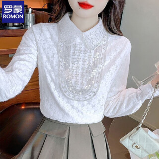 Luo meng lace inner shirt for women 2025 new autumn and winter fashionable fashionable plus velvet bottoming doll collar long-sleeved top white regular l 105-120 jin jin is equal to 0.5 kg