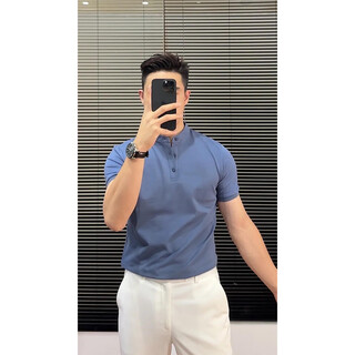 Qing muqi high-quality business half-sleeved polo shirt for men's summer new style blue right-shoulder henry collar design short-sleeved t-shirt blue stand-up collar polo short-sleeved m recommended 90-105jin jin equals 0.5 kg