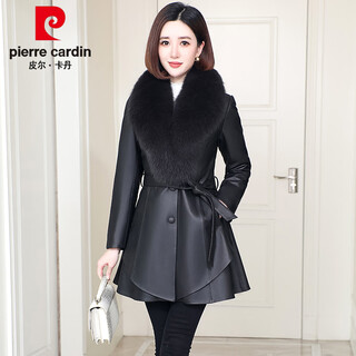 Pierre cardin 2025 autumn and winter new haining fur women's mid-length windbreaker coat genuine leather down jacket slim thick black 3xl 129-138jin jin is equal to about 0.5 kg