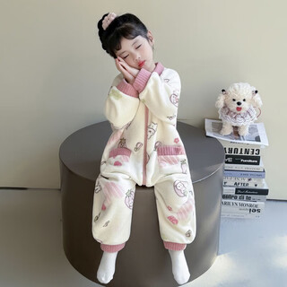 Baby coral velvet pajamas autumn and winter girls conjoined baby children's flannel sleeping bag thickened home clothes princess style off-white rabbit 100