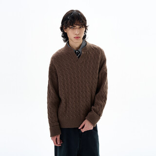 Ouro's shop autumn and winter american retro high-end cable pattern v-neck sweater for men old money style henry collar sweater dark khaki m