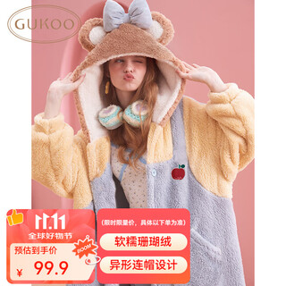 Gukoo pajamas women's winter new variety of cute women's home clothes warm hooded cartoon pajamas light blue xl