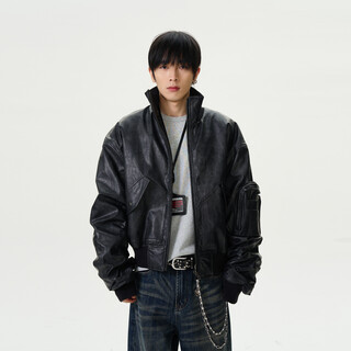 Weilang's shop winter american retro distressed aviator leather jacket cotton jacket men's handsome stand-up collar jacket coat couple new year black l