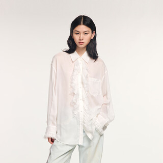 UOOYAA/乌丫2025冬季新款「奇幻都市」古典抽褶蕾丝衬衫 白色 S