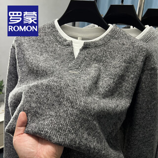 Romon fake two-piece warm velvet thick sweatshirt men's henry collar autumn and winter sweater casual t-shirt men's long-sleeved top dark gray xl