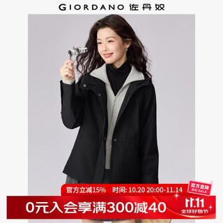 佐丹奴防风夹克女装秋冬新款加绒可收腰宽松连帽软壳外套13375656 09标志黑 S