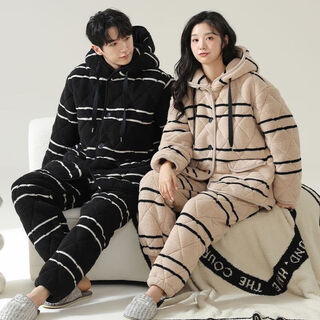Victoria's style three-layer thickened quilted pajamas for men and women plus velvet winter coral couple pajamas flannel giant thick home clothes set three-layer thickened quilted #7191-7192 m women's style (recommended 80-100jin jin equals 0.5 kg)