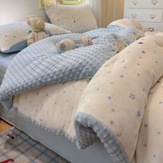 Su xuan 2025 new bean quilt soy fiber milk velvet thickened warm quilt winter quilt children's single and double cotton quilt core blue starlight a version high gram weight milk velvet b version an spring and autumn quilt four-piece set 150*200cm quilt core-4jin jin is equal to 0.5 kg