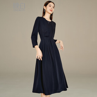 Late white exclusive 2025 autumn fashion casual skirt round neck waist slim a-line dress dark blue 2xl