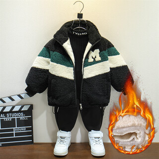 儿童加绒外套男童三层加厚毛毛衣冬季2025新款小男孩冬装宝宝棉衣 黑色[XT8332三色V拼毛毛衣] cm1 100