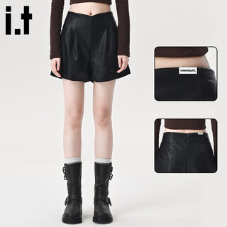 :CHOCOOLATE  it女装潮牌性感设计感抗皱阔腿皮裤女秋冬2025宽松显瘦短裤子女 黑色 S