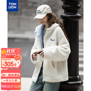Tonlion 2025 winter women's hooded different material splicing one-hand-length imitation lamb hair jacket
