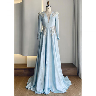 High-end host performance evening dress female dignified atmosphere evening party chorus guzheng long skirt vocal music test dress light blue 2xl