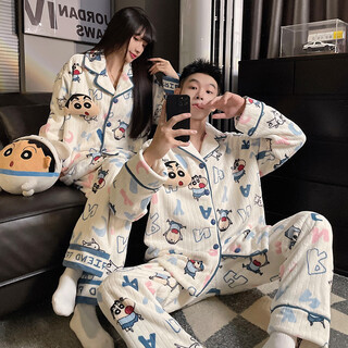 Jaetinwsinn crayon shin-chan flannel couple pajamas for women and men autumn and winter thickened plus velvet coral velvet home clothes 6018 xl women (recommended 120-140 jin jin equals 0.5 kg)