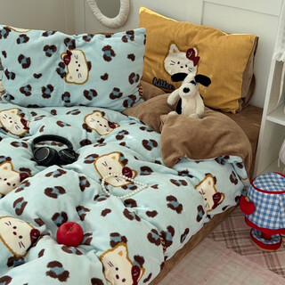 Mercury series ins cool leopard print cat milk velvet thickened four-piece set dopamine double-sided coral velvet quilt cover cartoon three-piece set velvet-mixed leopard print cat blue 1.2m bed sheet three-piece set (quilt cover 150*200cm)