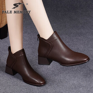 Pale memory brand genuine leather short boots for women 2025 new thick heel medium heel women's shoes autumn and winter ankle boots sheepskin shoes square toe martin boots brown velvet lining 39