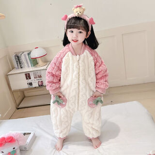 Girls sleeping bag one-piece coral winter thickened double layer baby autumn and winter children's flannel winter pajamas strawberry pink 90