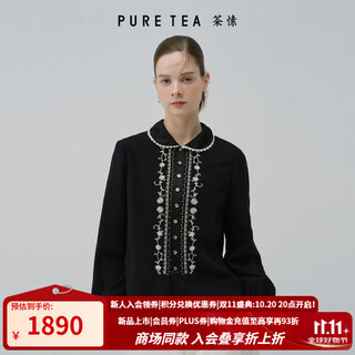 茶·愫（PURE TEA）【商场同款】puretea茶愫文艺法式娃娃领意趣刺绣衬衫女2025冬新 石墨黑 S