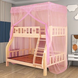 Yusenyi mosquito net student bunk bed trapezoid high and low bed double bedroom household with floor bracket straight ladder style-top bunk telescopic bracket pink lace upper bunk 100 lower bunk 135