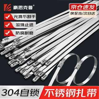 Haoskop 304 stainless steel cable ties 50 pieces, corrosion-resistant, high and low temperature resistant metal industrial garden outdoor strapping, marine binding, non-slip fixed cable tightening 4.6x350mm