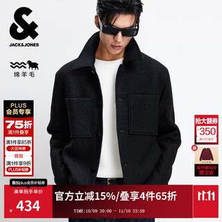 Jack&jones 25-year men's autumn men's woolen coat solid color wool 100% woolen coat men's short woolen coat e43 pure black slightly loose, card size is small l (180)