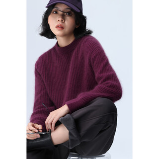 Xingshi wethee high-end thickened raccoon velvet small round neck vertical stripe slightly loose pullover sweater for women, prune purple, one size