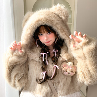 Mori girl tribe sweet style contrast color hooded fleece sweater women 2025 new bear design versatile loose jacket autumn milk tea color jacket plus velvet (with doll) m