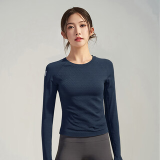 Luluuvttoh new slim yoga wear long sleeve women's sports elastic breathable top running round neck pilates fitness t-shirt navy xl