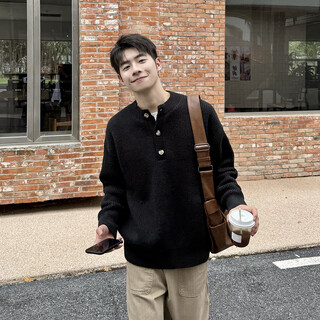 Fog sky sweater men's autumn and winter black henry collar half cardigan loose american versatile lazy style knitted top bgm-jm25821 black l (recommended 110-130jin jin equals 0.5 kg)