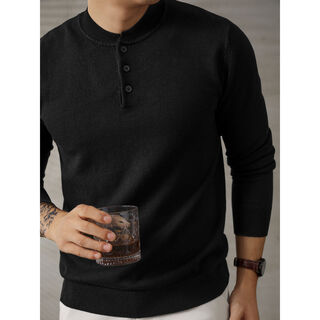 Trendy style black henry collar slim fit sweater for men casual versatile long-sleeved bottoming sweater black m m95-110jin jin equals 0.5 kg