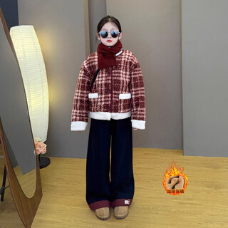 Girls niche high-end suit 2025 new girl's small fragrance autumn and winter velvet jacket children's pants two-piece set velvet three-piece set jacket + pants + scarf 150